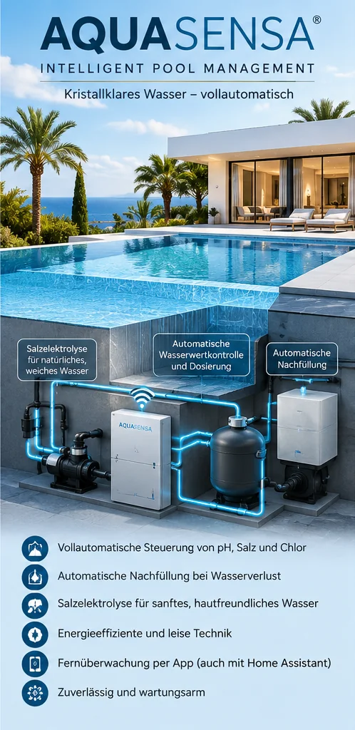AQUASENSA automated pool-management concept with salt electrolysis and automatic refill